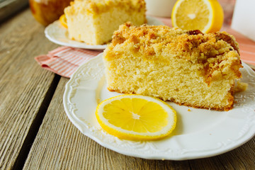 Pieces of lemon cake on white dish