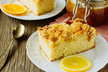 Pieces of lemon cake on white dish
