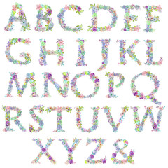 English alphabet of watercolor flowers, isolated hand drawn on a white background, wedding design, english capital letters for the festive and wedding decor and cards