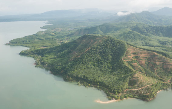 Beach, lagoon and mangrove forest view from above