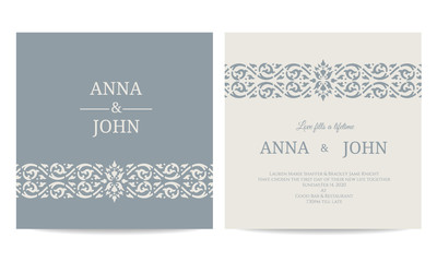 Contemporary Wedding Invitations card - line art gray blue tone vector design