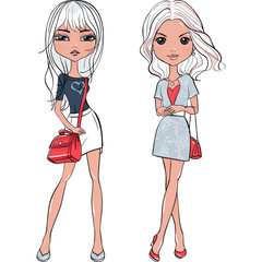 Set cute beautiful fashionable girls in skirts with bags. T-shirt Graphics. Girl print.