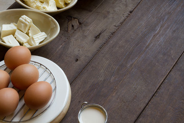 Bakery kitchen background, Bread ingredient on wooden table, Top view and Text space