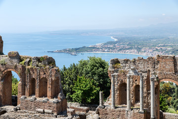 Greek theater Taormina city with a panorama at Siciliy