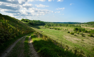 Obraz premium bend the road in middle green hills