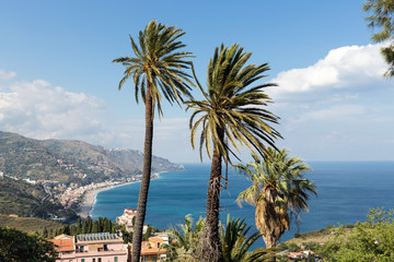 Fototapeta na wymiar Aerial view Sicilian coast near Taormina at Sicily, Italy