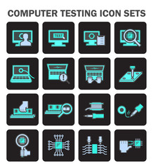 Computer testing vector icon. Include pc, laptop, technician, equipment tool, hardware and component. To maintenance service consist of upgrade, virus and error scan, check, fix or damage repair.