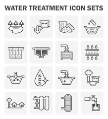 Water treatment plant and water filter and wastewater or waste water vector icon set. Purification system include. That removes sewage and sludge to improves the quality water for facility and supply.