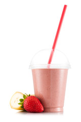 Strawberry and banana smoothie in plastic cup - obrazy, fototapety, plakaty