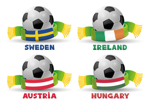 Green scarves with the flags of Sweden, Ireland, Austria, Hungary and soccer balls.