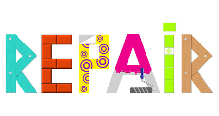 Logo home remodel. Logo word repair on white background. The word repair in the form of the wood structure, brick walls, tiles, Wallpaper, painted walls.
