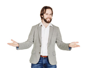 bearded man wave hand welcome. human emotion expression 