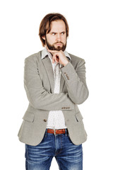 bearded business man with suspicious emotion. human emotion 