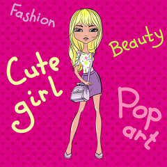 Pop Art cute beautiful fashionable girl in skirts with bags. T-shirt Graphics. Girl print.
