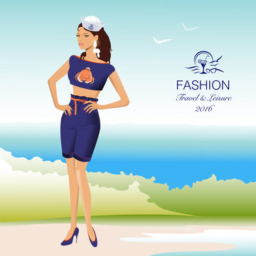 Beautiful stylish woman in sailor, marine uniform on beach. Fashion model. Vector Illustration