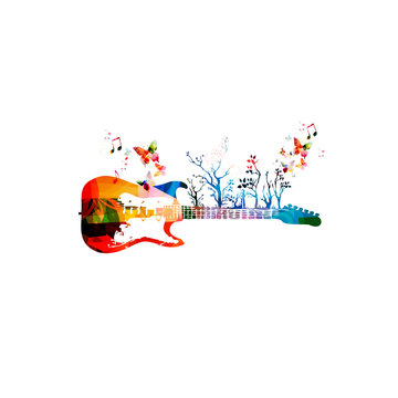 Colorful music background with guitar and butterflies
