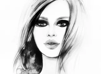 Fotobehang Aquarel portret Beautiful woman face. Abstract fashion watercolor illustration  © Anna Ismagilova