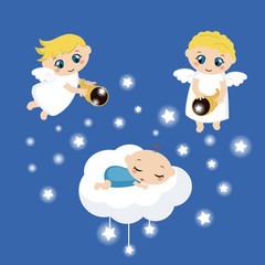 Angels with stars and baby sleeping on the cloud