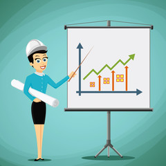 Woman engineer showing on the board a graph of real estate growt