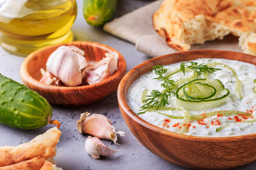 Greek salad tzatziki of cucumber, yogurt , olive oil, garlic, di