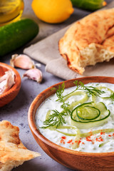 Greek salad tzatziki of cucumber, yogurt , olive oil, garlic, di