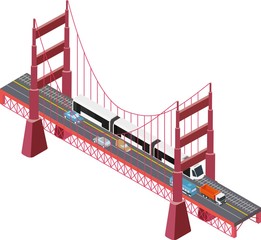A vector illustration of a large isometric suspension bridge with cars, trucks and train.