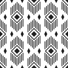 Black and white ethnic geometric lines and rhombuses seamless pattern. Monochrome abstract geometry continuous print.