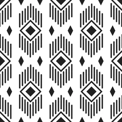 Fotobehang Ruiten Zwart-wit etnische geometrische lijnen en ruiten naadloze patroon. Monochroom abstracte geometrie continue print.