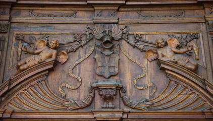 Baroque church Saint Mary, Stara Boleslav, Czech republic Svata Marie, Brandys front facade tympanum wooden decoration