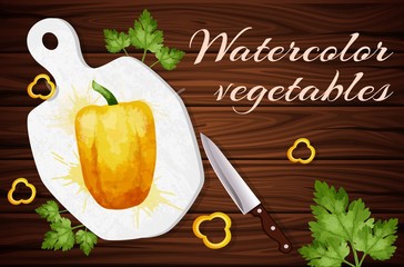 Excellent quality watercolor, pepper and parsley on a wooden background, watercolor drops. Background of dark wooden planks