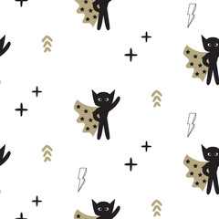 Superhero in gold cape with lightning stars seamless kid pattern. Hero boy in mask black and white pattern for baby textile prints.