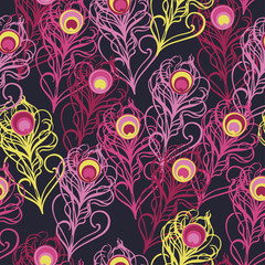 Ethnic boho seamless pattern with peacock feathers. Print. Repeating background. Cloth design, wallpaper.