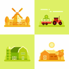 Obraz na płótnie Canvas Rural Farm Landscapes. Mill, Tractor, Barn House. Set of Flat Style Vector Illustrations. Vector Background