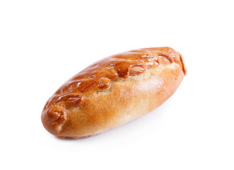 Fresh pie, bun with meat and vegetables isolated on white background. Pastries and bread in a bakery