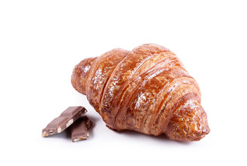 Tasty croissant with chocolate and jam isolated on white background