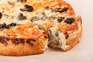 Vegetable pie with broccoli, cheese, chicken, tomatoes on kraft paper. Food close up