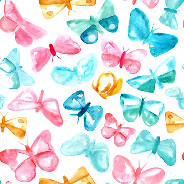 Seamless Background Pattern With Watercolor Pink And Teal Blue Butteflies