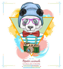 Portrait of fashion panda, hipster animals