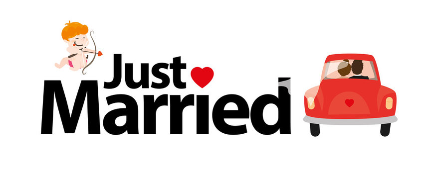 Just Married mit Amor und Brautpaar - Flitterwochen Vektor