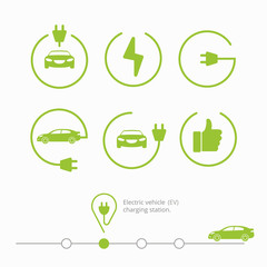 Obraz premium Ilustracja wektorowa punkt pin miejsce ładowania stacji dla samochodu elektrycznego. Ikony stacji ładowania pojazdów elektrycznych. Odosobniony elektryczny samochód z kablem, palec up, zaczyna ładować, władzy miejsce.