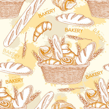 Bakery bread in a basket seamless pattern