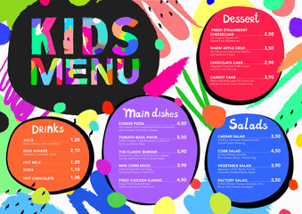 Cute colorful meal kids menu template with brush strokes and colorful splashes - 111864526