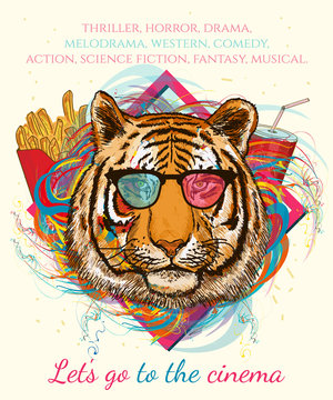 Portrait of hipster tiger. Movies and cinema hand drawn vector