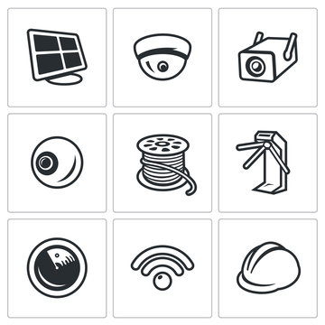 Vector Set of Security Installation Icons. Computer, Surveillance Camera, Outdoor, Eye, Tail, Turnstile, radar, radio, helmet