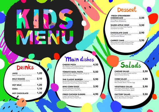 Cute colorful meal kids menu template with brush strokes and colorful splashes