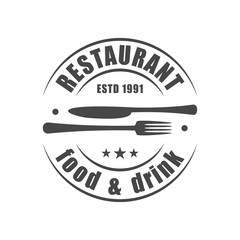 Restaurant round logotype with fork & knife silhouettes
