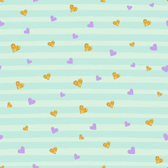 Gold glittering heart  seamless pattern on striped background