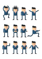Set of pictures with the image of a businessman with various emotions and gestures. Objects isolated on a white background. Flat vector illustration.