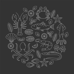 Seafood vector flat line icons set. Vector illustrations of lobster, crab, salmon, fish, squid, oyster, shrimp, octopus, eel. Seafood menu background. Fresh seafood restaurant illustration.