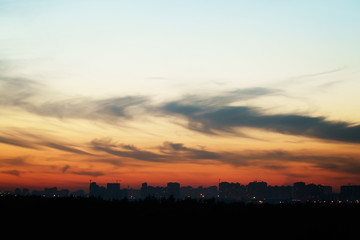 evening sunset sky over Saint-Petersburg, silhouette buildings